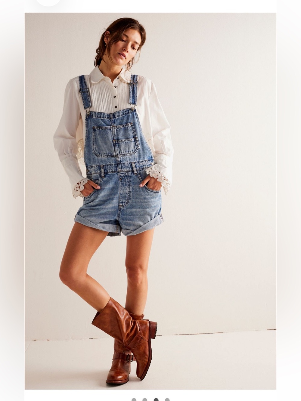 Free People Blue Denim Short Overalls